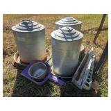 Chicken waterers, feeder, and plastic scoop