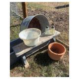 Washtub, lanterns, terra cotta pot, planter and bench