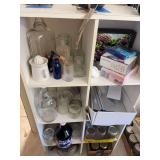 Shelf, canning jars, Kevlar bags, apothecary bottles
