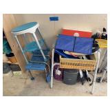 Walker, bug zapper, shower stool, canvas bags, shoe stretcher, basket