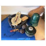 Downrigger, fly reel, vintage fishing items and green glass insulator  ￼