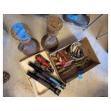 Two house jacks, box of flashlights and assortment of tools and drillbits