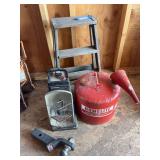 Small step ladder, portable heater, gas can and trailer hitch