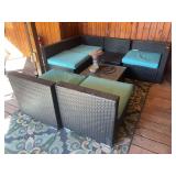 ￼Plastic wicker patio set, table, and rug, with bug zapper - missing one cushion