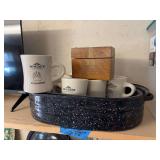 Enamel roaster, wooden recipe box and set of Missoula, Montana Wyngate, coffee mugs with grizzly paw