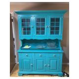 Vintage two section China cupboard painted turquoise blue lower section is 54 1/2 x 19, upper section is 52 1/2 x 43 - total height is 77 1/2 inches
