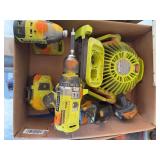 Assorted Ryobi cordless tools includes drill impact driver fan battery and charger