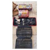 Miter saw crown molding jig, tool shop detail sander set, tool shop xacto knife set, and drill bit assortment