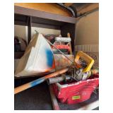 4 ft level, 1/2-in drill with mixing attachment, drywall pallet board, two potato masher mixers, spray gun, bucket, and large halogen work light