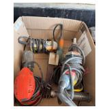 Electric tools include a palm sander, RotoZip tool, a drywall screw gun, and a 1 in belt sander