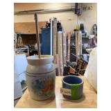 Hand painted Marshall Pottery butter churn w paddle , probably 1 gallon and small blue butter crock