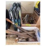 Duo fast staple guns and staples, speed squares, files and rasps, three fold up step stools