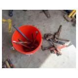 Pipe wrenches, antique nail puller, chisels, 2 lb hammer