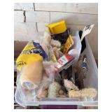 Assorted new and used paint brushes, rollers, pans, rubber gloves, art brushes, etc...