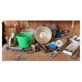 Contents on top of bench includes brooder light, bench planes, hammers, trailer hitch parts, drill bits, putty knives, drawer assortments, stove bolts, AAA batteries and more