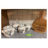 Home and garden pottery canister set and wooden plate holder
