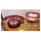 Kings Crown plates, cups and goblets, Ruby flashed American pattern punch bowl and footed cups