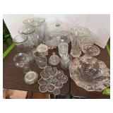 Clear glassware cake plate, vases, bowls, and more