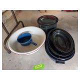 Giant enamel ware bowl, pans and pot