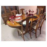 44' round Oak table w/1 18' leaf and 5 t back antique oak chairs