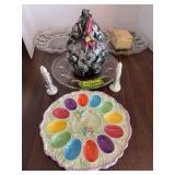 Small chicken cookie jar, sea horse S & P shakers and 4 deviled egg plates
