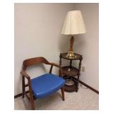MCM arm chair, plastic 3 tier table and lamp