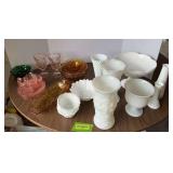 Pink depression, amber glass and milk glass as shown