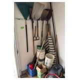 Shovels, rake, fan and 5 gal buckets as shown