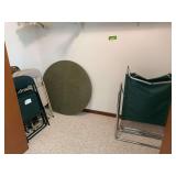 Round card table, folding chairs and exercise cot