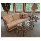Bamboo 6' 3 cushion sofa, end table, coffee table and lamp