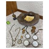 5 old pocket watches  3 are 17 jewel Walthams, 1 17 jewel Elgin, 1 non jeweled waltham, 2 watch chains, brass bowl,