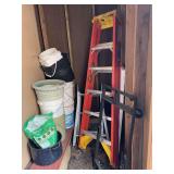 Two ladders, buckets, metal base on rollers