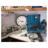 Battery drill, Black and Decker drill, pneumatic air gun, clock
