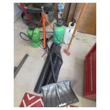 Snow shovel, garden fabric, sledgehammer, yard sprayers