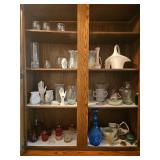 Various Glassware, A&W Mug, Vntage mid-century modern blue glass diamond-point, Deep Cranberry art glass basket, Vases (3 Shelves) - Bring Boxes to Pack