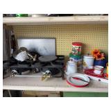Outdoor propane Cookers, red and white Granite Ware pieces, picnic basket with tins
