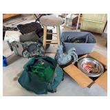 Tote with bags, hangers, stool, bowls, chicken