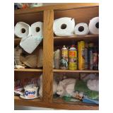 Contents of all upper cabinets in laundry room, trash can (Bring boxes to pack)