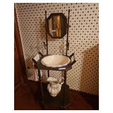 Vintage wooden washstand (21 x 18 x 29h) featuring a swivel mirror, matching porcelain pitcher, and a decorative wash basin
