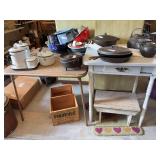 Card table, Table with drawer, rug, small wood stool, wood crate  (no contents on top included)
