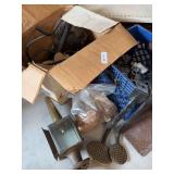 Vintage car lamp, steps, box of parts?, crate of metal