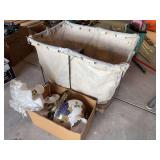 Laundry basket on wheels, lamps, plastic bowls and planters
