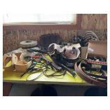 Leather reins, horse curry combs, stirrups, rope, leather bag, and more (bring box to pack)