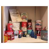 Collection of old Tins, Vintage food bags, blue bottles (bring box to pack)
