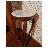 Vintage Round Accent Table featuring a white marble top with gray veining and curved wooden cabriole legs - 15" Round x 30"h