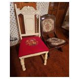 Vintage wooden folding rocking chair featuring a floral tapestry upholstery and a carved floral medallion on the top, White Chair with Fabric Seat