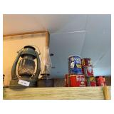 Oil lamps, coffee cans, brass horn and mold (bring box to pack)