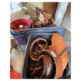 Two boxes with Leather pieces, horse feed buckets and Ointments
