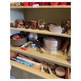 Pottery mugs, Hull pitcher, kitchen utensils, large ladle, cake pan, cutting board, wallpaper (bring box to pack)