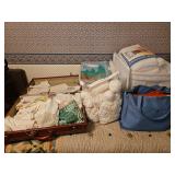 Yarn, Dollies, Quilt Batt, Vintage textiles, including embroidered linens, lace edges, crocheted doilies, and yarn stored inside a case